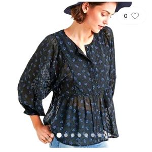 Lucky Brand Clip Dot Printed Peasant Top, size MEDIUM